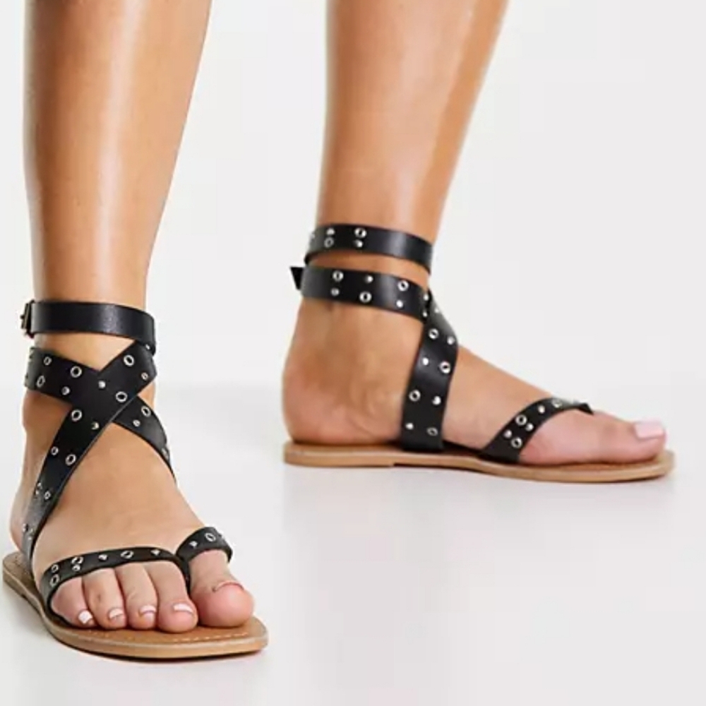 Rule London leather Studded Flat Sandals in Black Size 6